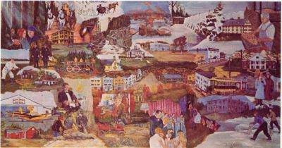 Sanford-Springvale
by Paul Couture (1978). Gift of C. G. Magnusen, President of Wasco Products. This large painting (4 ft. x 7 ft.) depicts places and events in the history of Sanford from 1739-1976. A 52-page booklet by Russell Goodall accompanies the painting and describes its individual parts. [Location: Third Floor Elevator Lobby]
