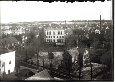 Sanford Square
Early 20th century. Taken from the roof of Sanford Town Hall. The white four-story building in the center of the picture is still standing at the corner of Washington and School Streets (but no longer has a 4th floor).
